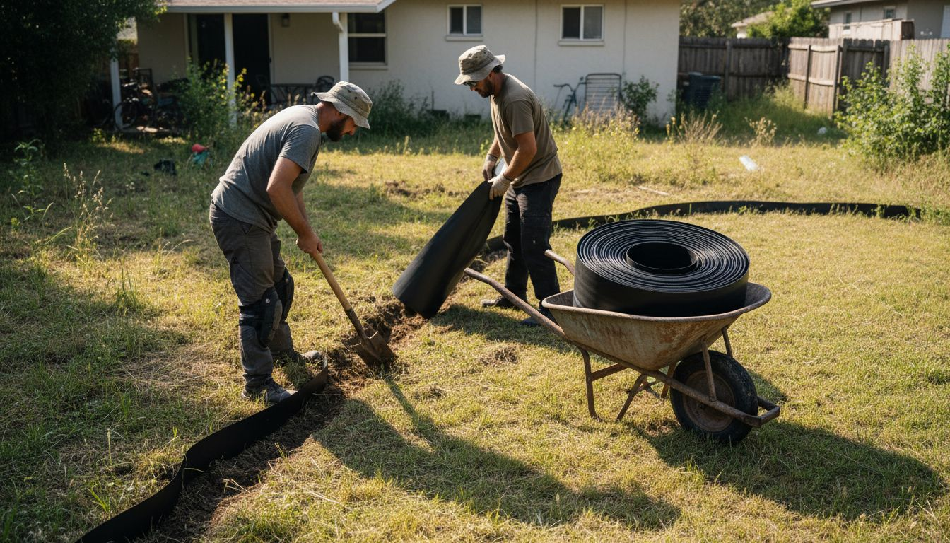 工作人员在安装防止树根蔓延的隔离层时，每一步都非常细致，确保屏障能够有效发挥作用。