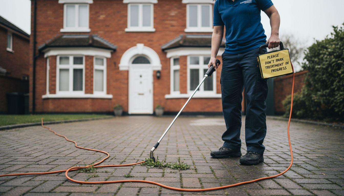 Technician uses electric weed device on driveway
