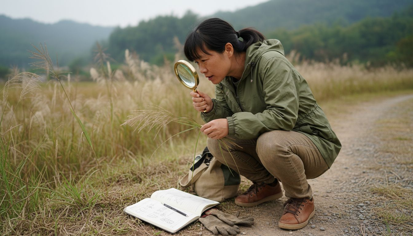 植物学家在乡村田野中细致辨认各种草类，探索它们的不同特性与分类。