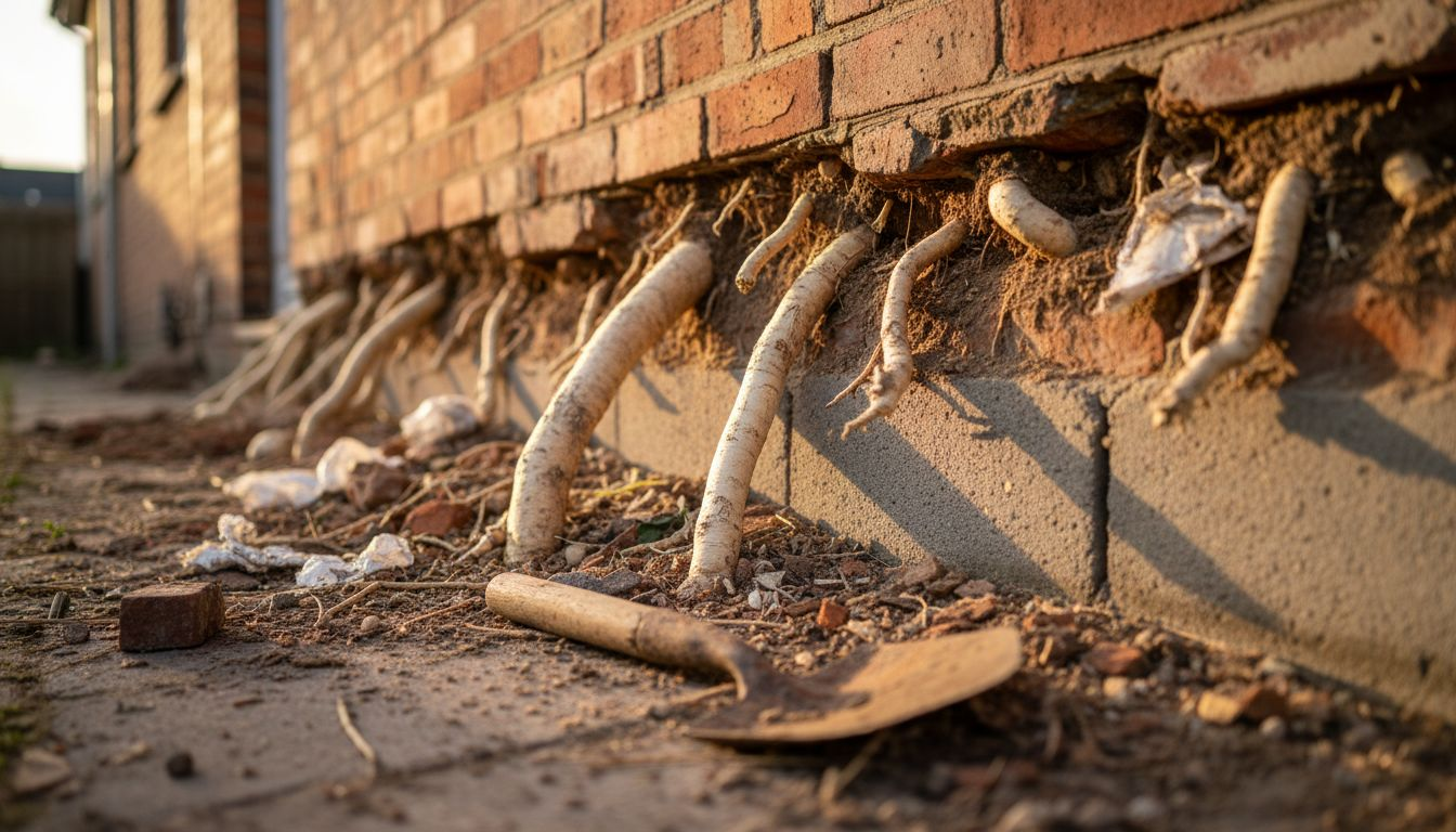 Knotweed roots damaging old house foundation
