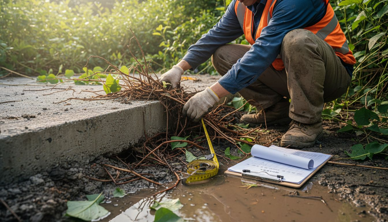 工程师正在房屋下方检查日本虎杖的根部情况。