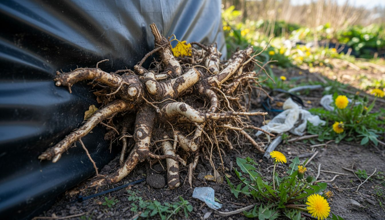 Knotweed roots blocked by membrane barrier