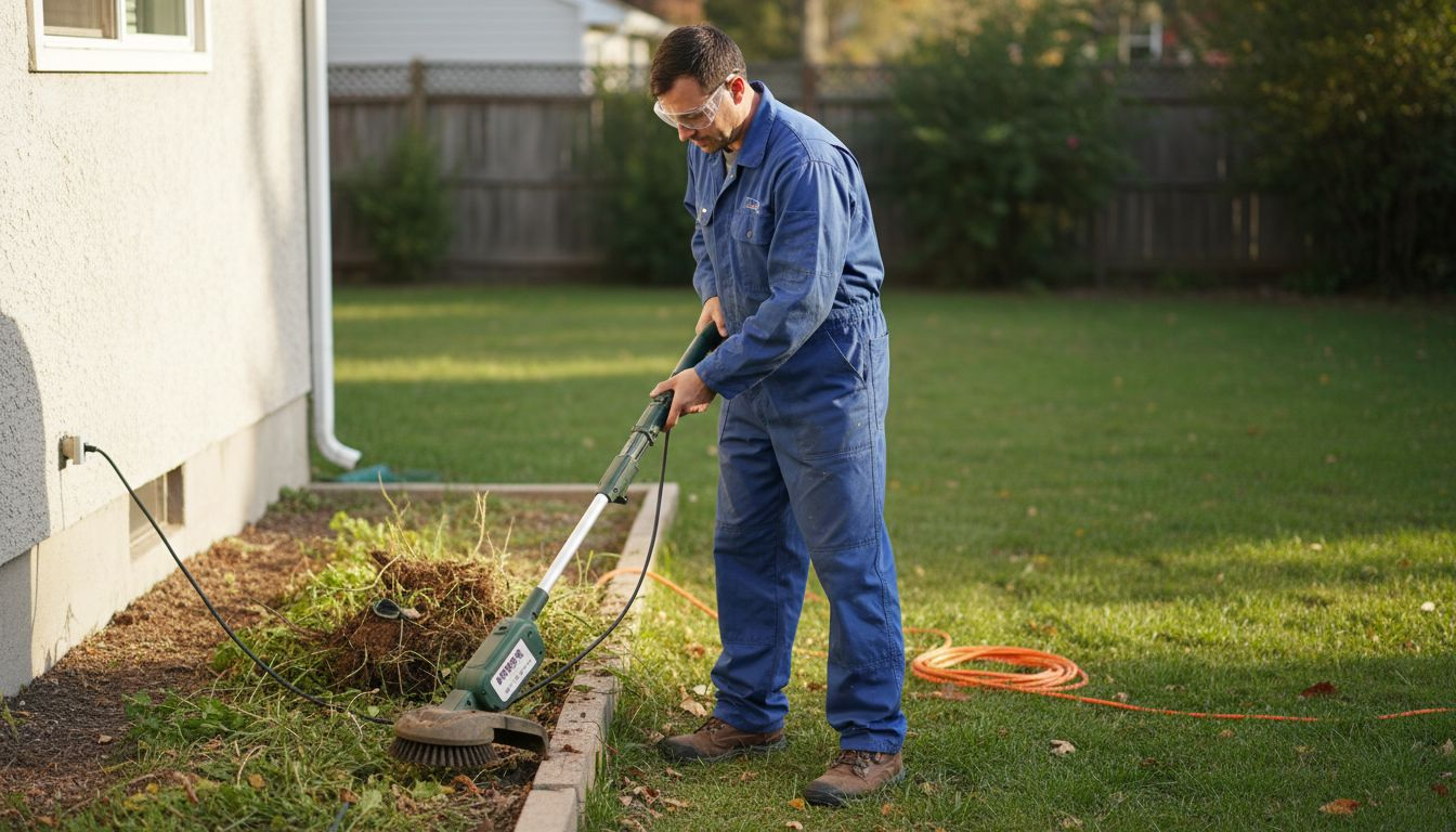 工作人员正操作电动设备进行除草作业。