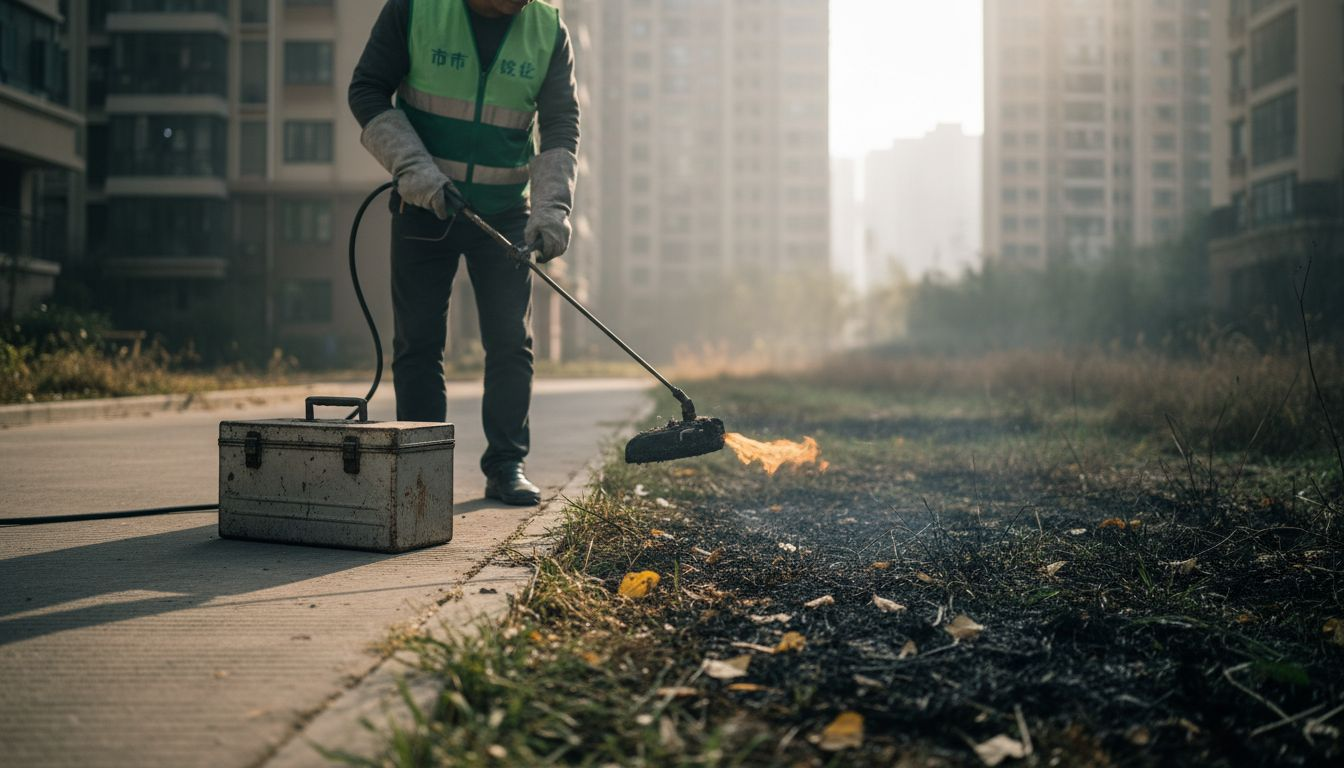 工人正在用火焰喷枪清理小区里的杂草。