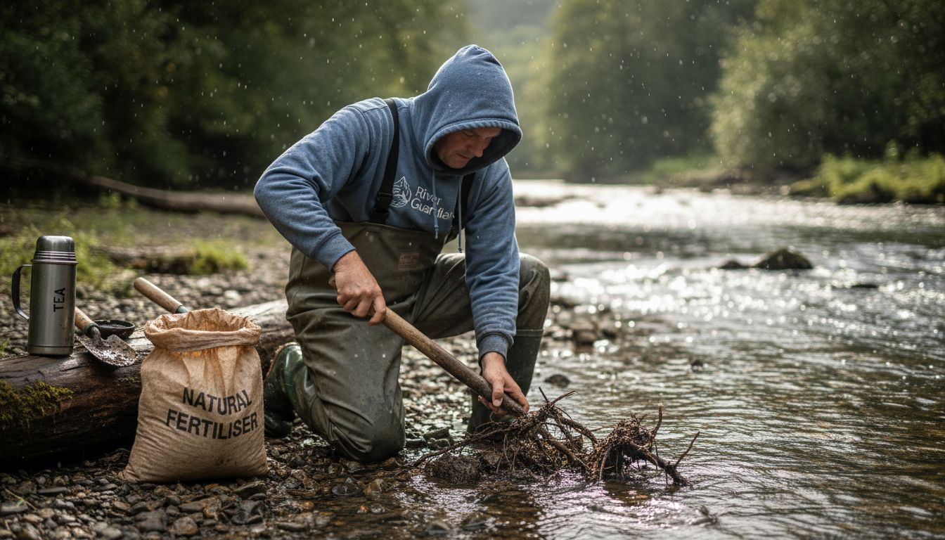 Volunteer digging invasive plants near stream