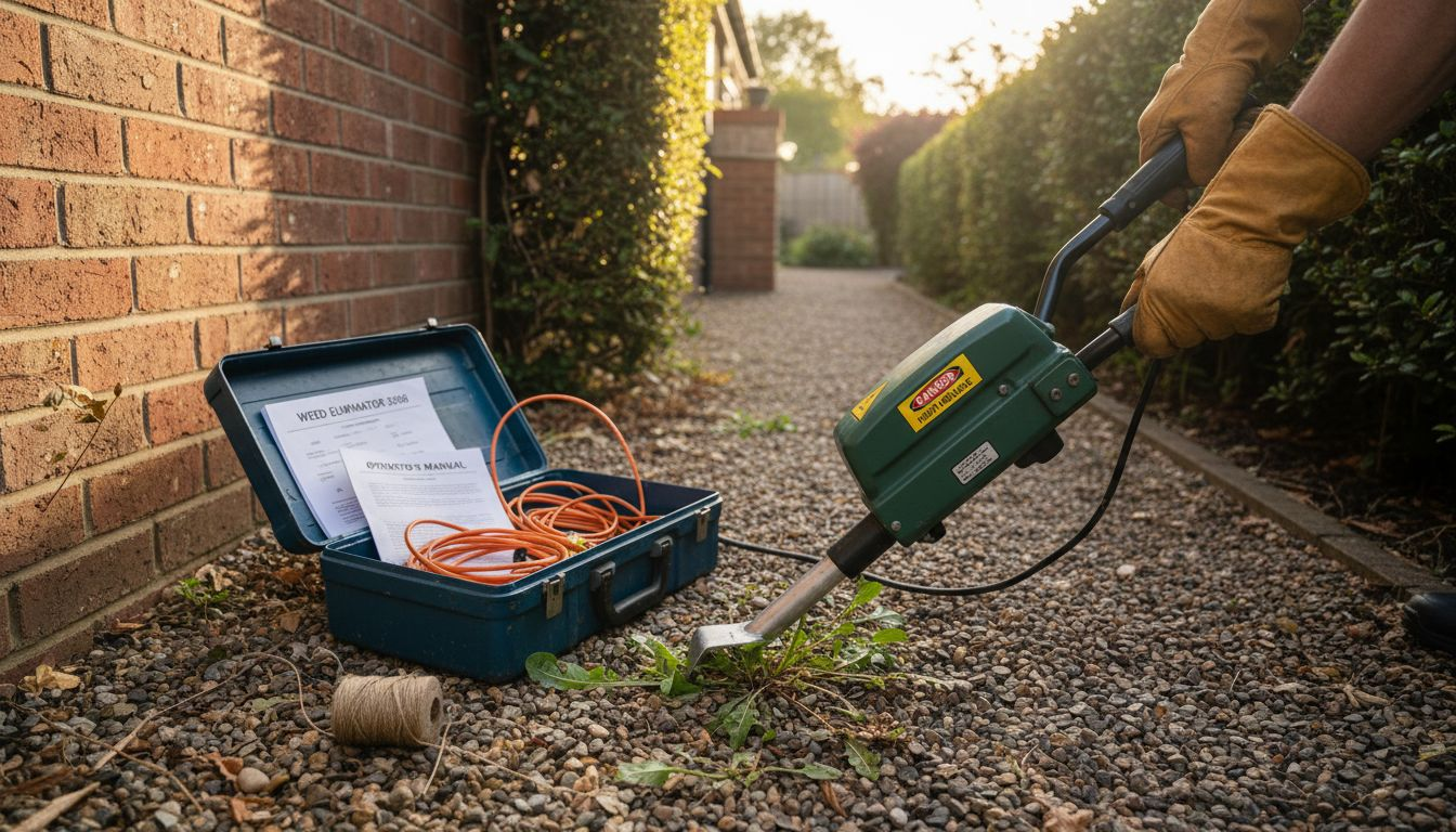 Close-up of electric weeder on gravel path
