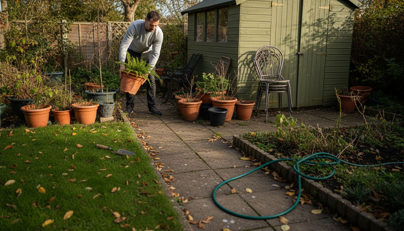 Homeowner clearing garden site for weed control