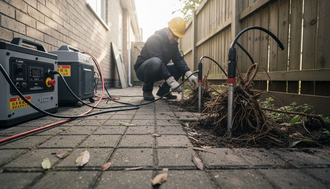 工作人员正在安装高压设备，以便更高效地清除杂草。