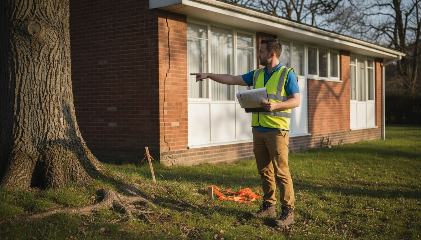Surveyor points at cracked house by roots