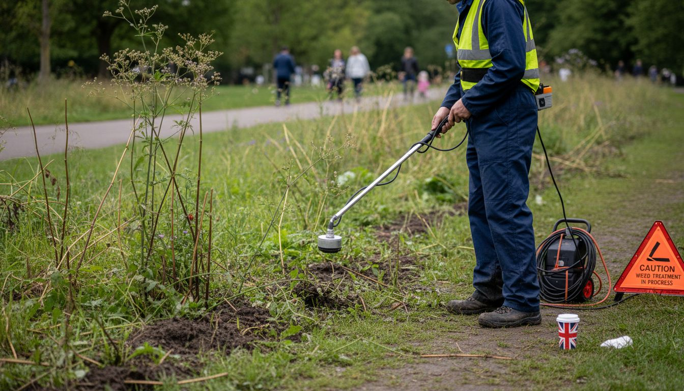 Technician using electric weed treatment equipment