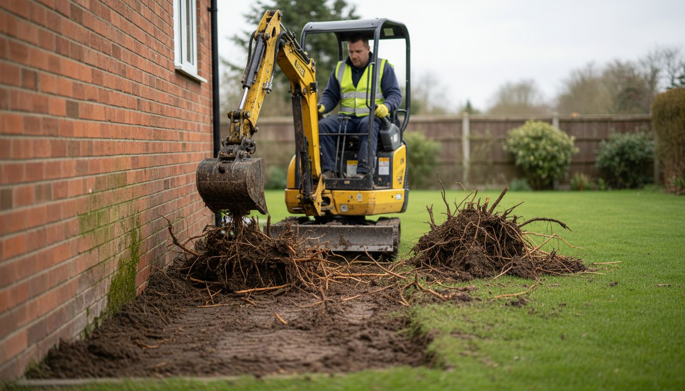 Mini digger removing knotweed near house
