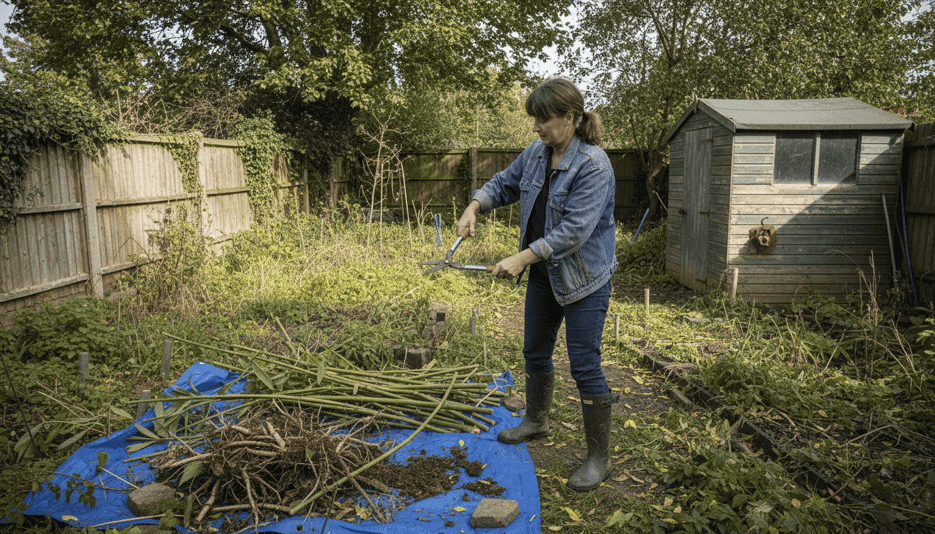 Homeowner trimming Japanese Knotweed stems