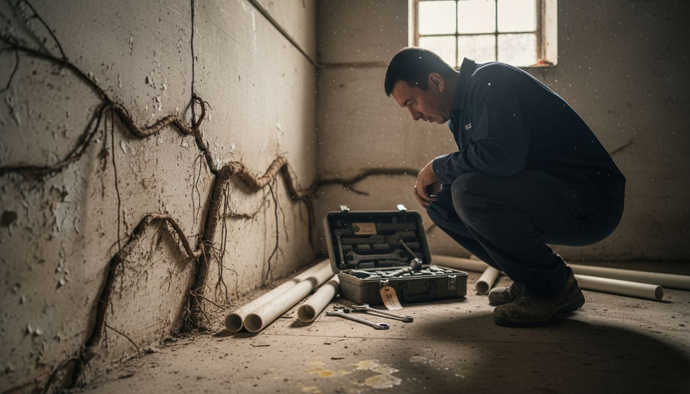 施工人员正在检查因日本结缕草侵害而受损的房屋地基。