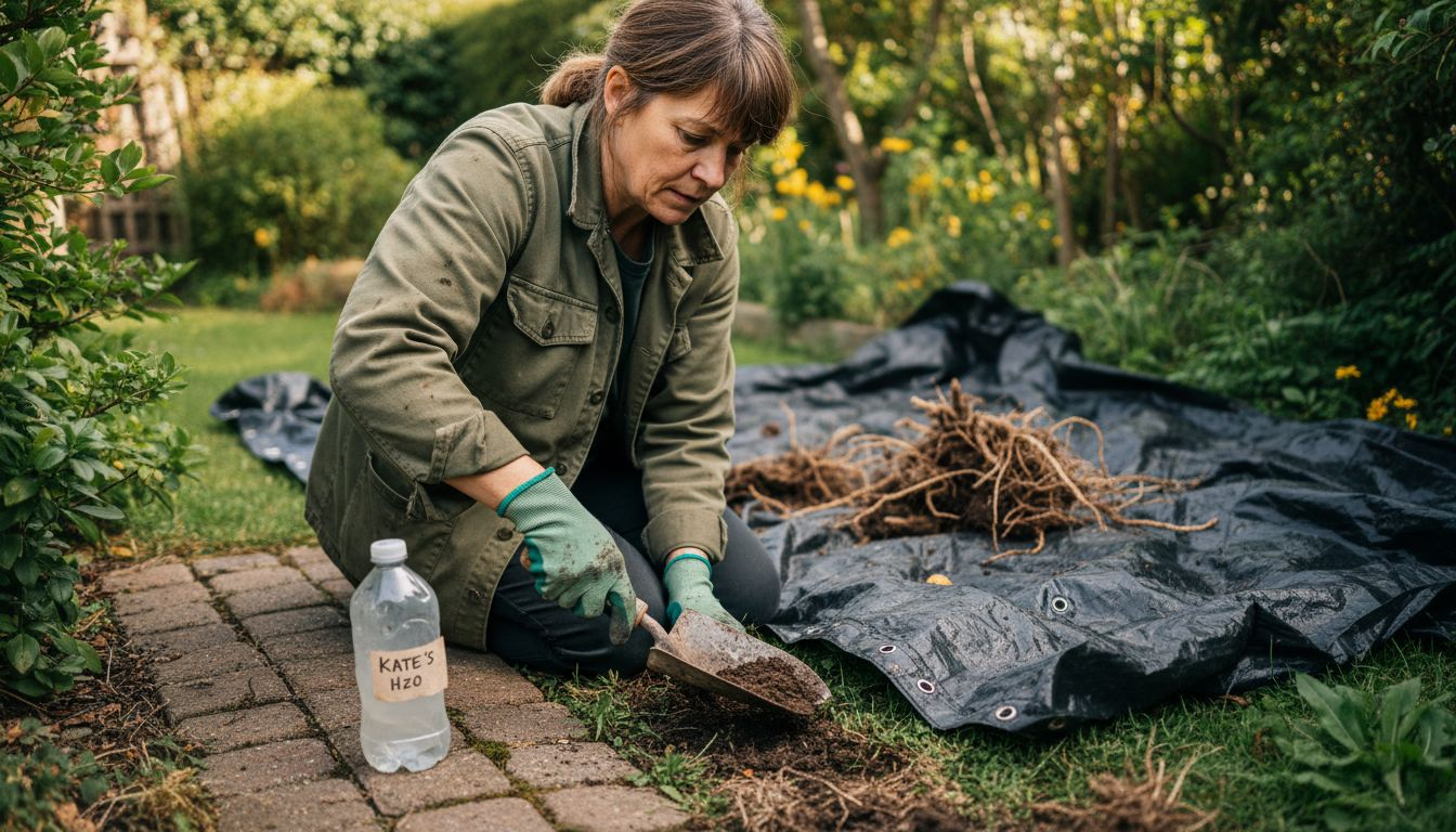 Gardener hand digging knotweed chemical free