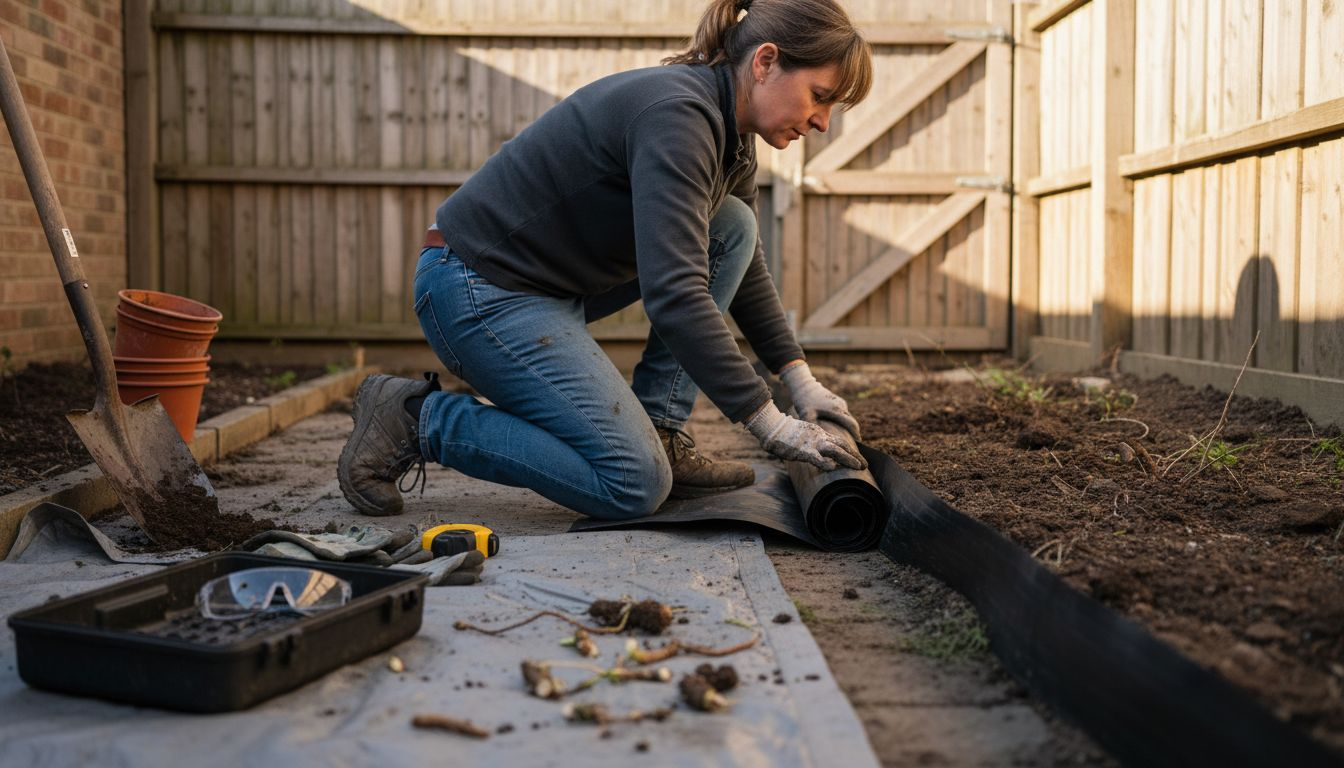 Worker installing root barrier for knotweed control