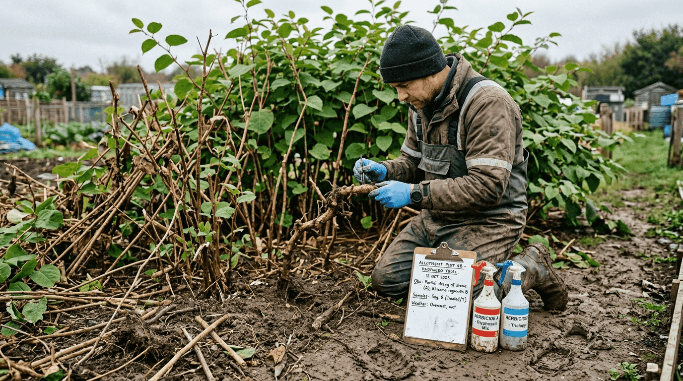 Examining knotweed after herbicide treatments