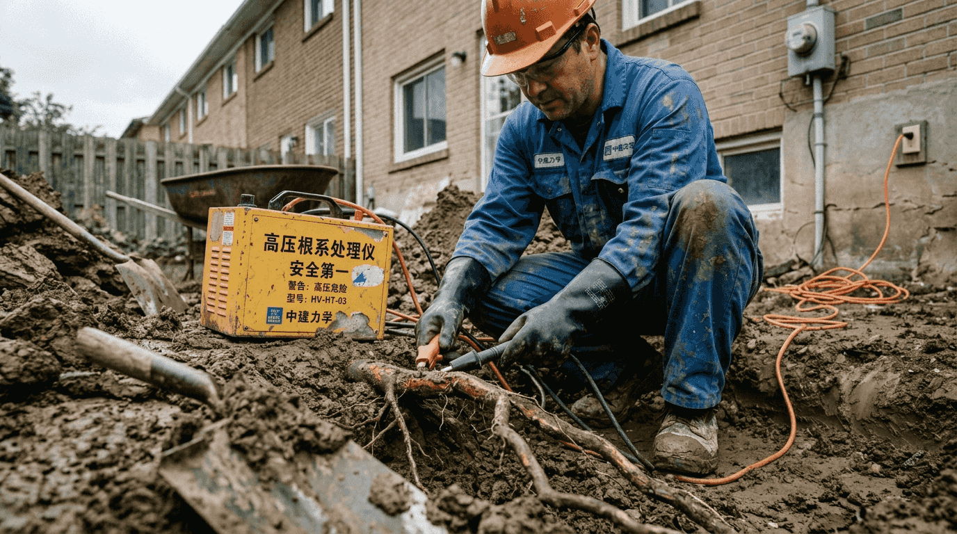 工作人员将电力设备直接作用于裸露的虎杖根部进行处理。