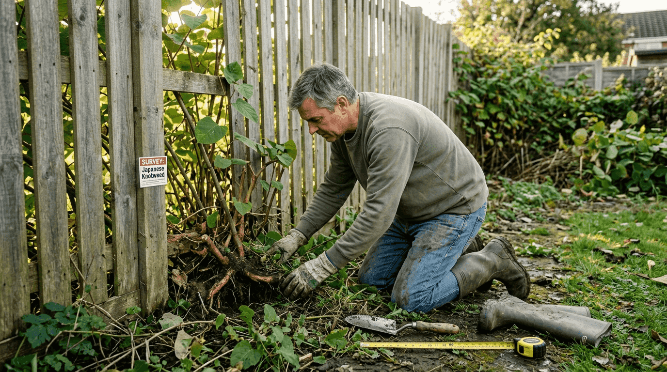 Homeowner inspecting garden knotweed infestation