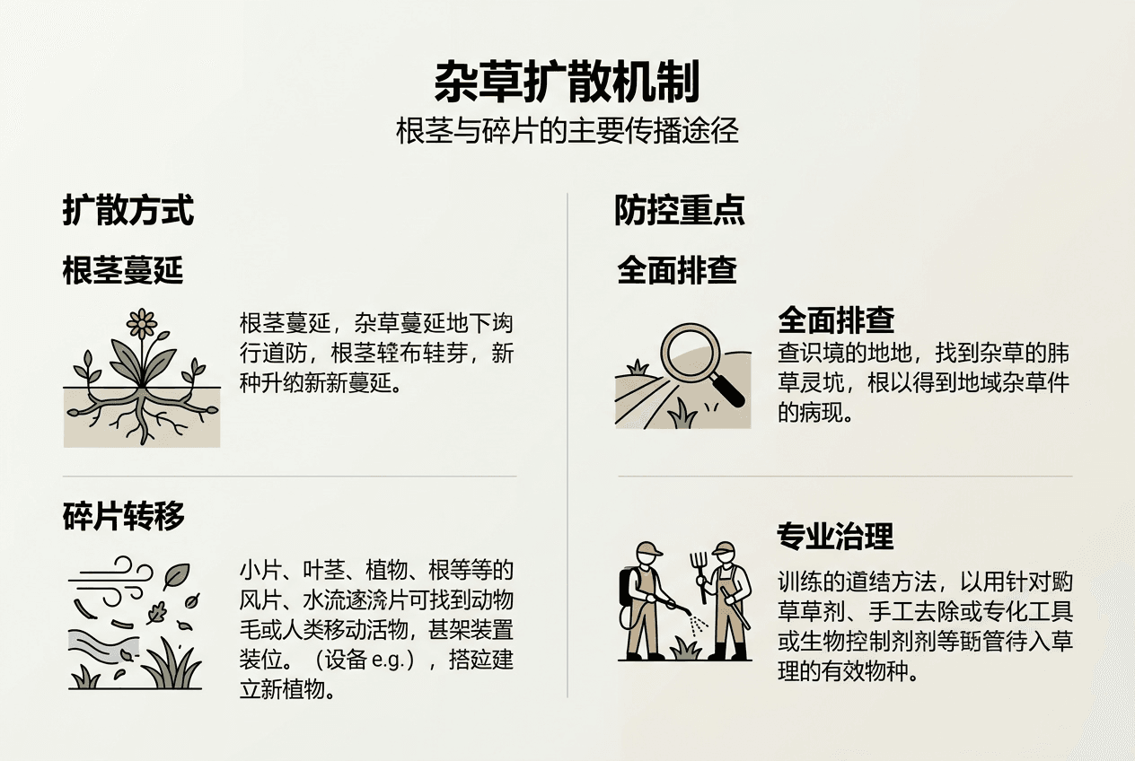 杂草传播途径与重点防治策略示意图