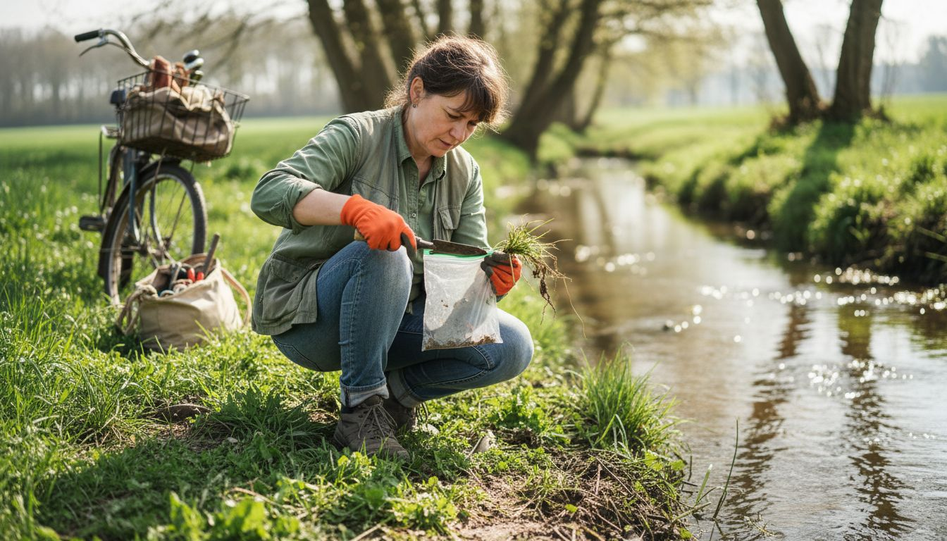 在支流岸边采集杂草根部样本