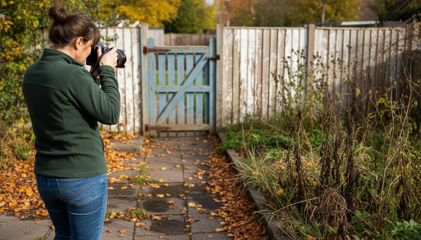 Homeowner photographing property boundary weeds
