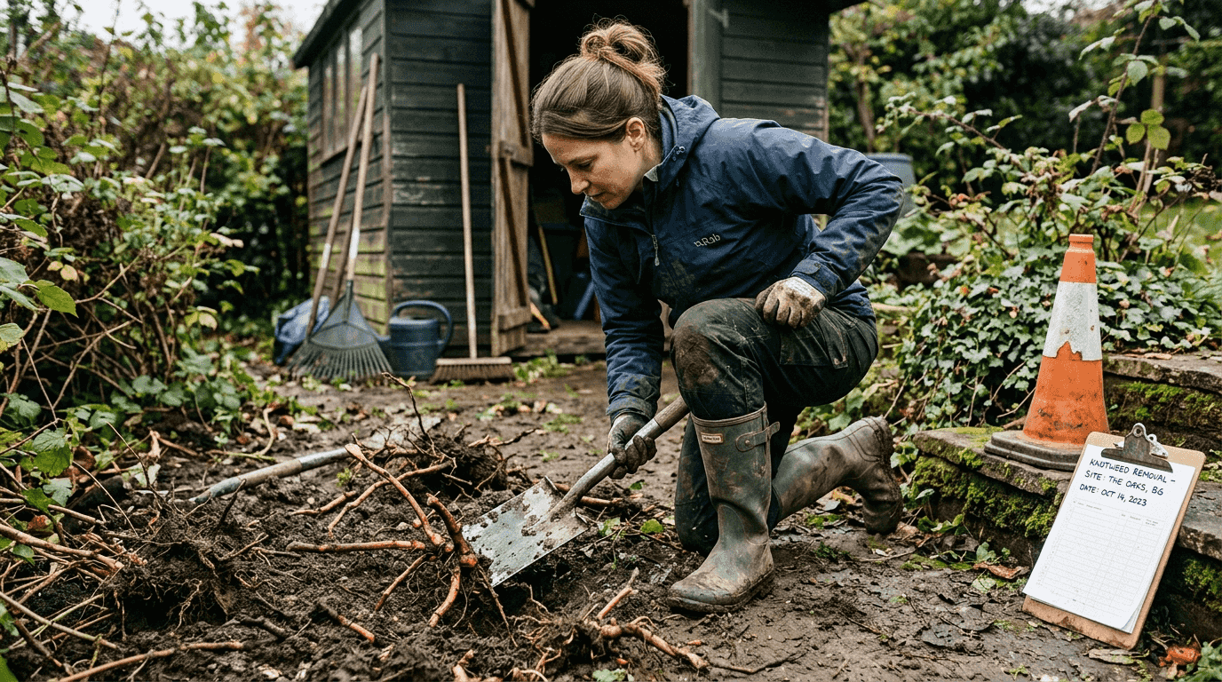 Contractor digging out knotweed roots