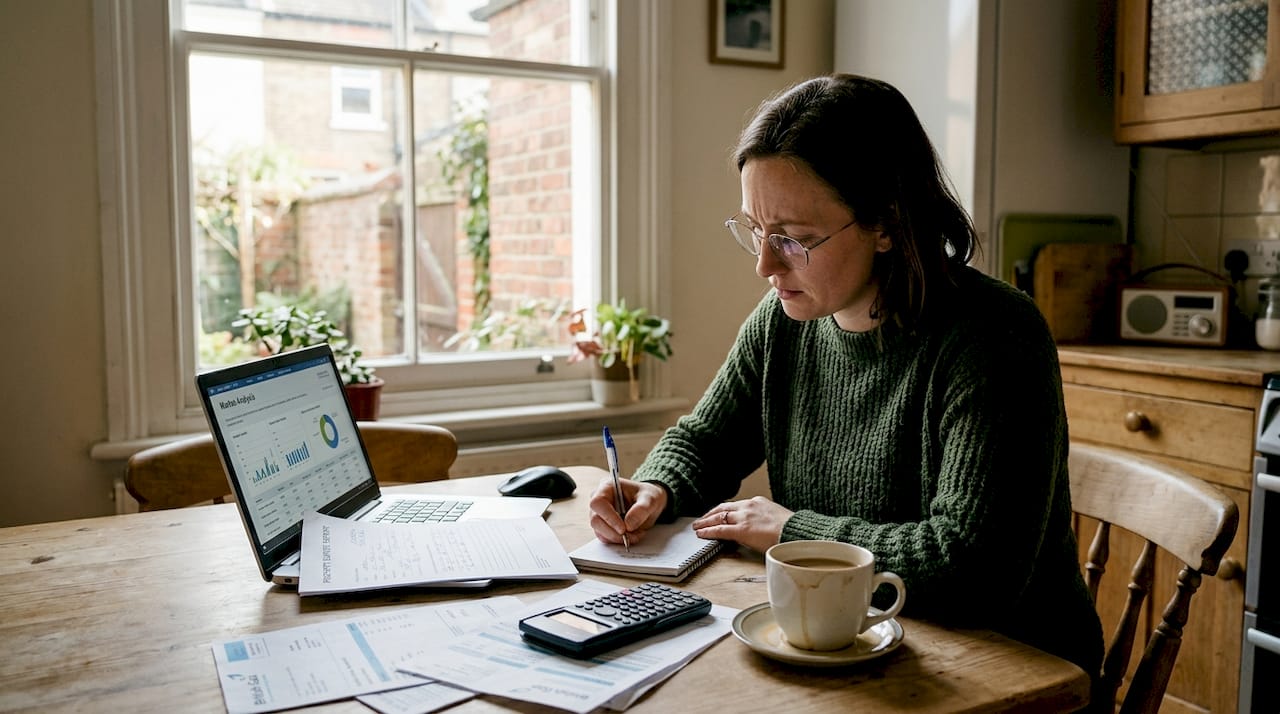 Concerned homeowner reading survey financial report