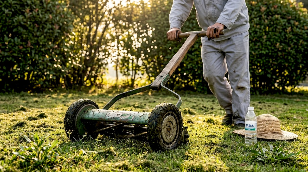 工人在草坪上娴熟地驾驶割草机，对生态草地进行日常养护，既保持了整洁美观，又有助于生态环境的保护。