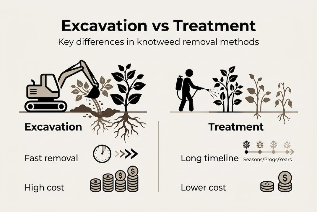 Infographic comparing excavation and treatment for knotweed