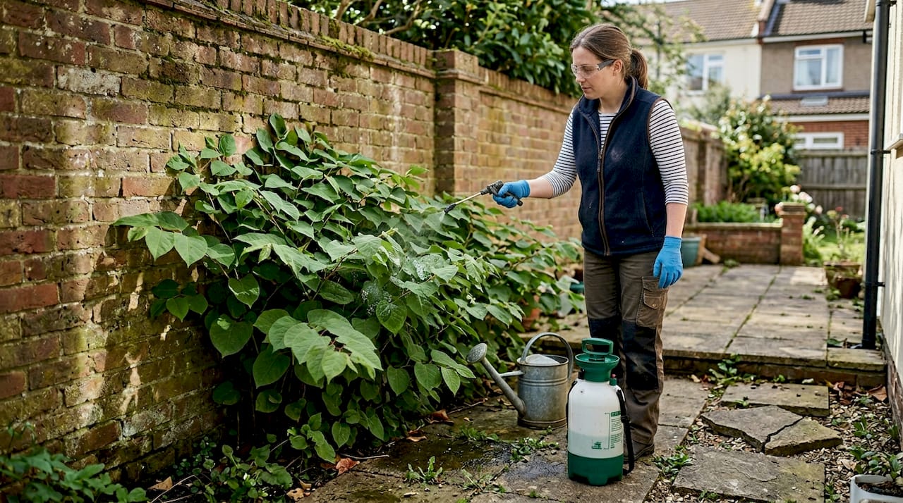 Applying herbicide to knotweed in residential patio