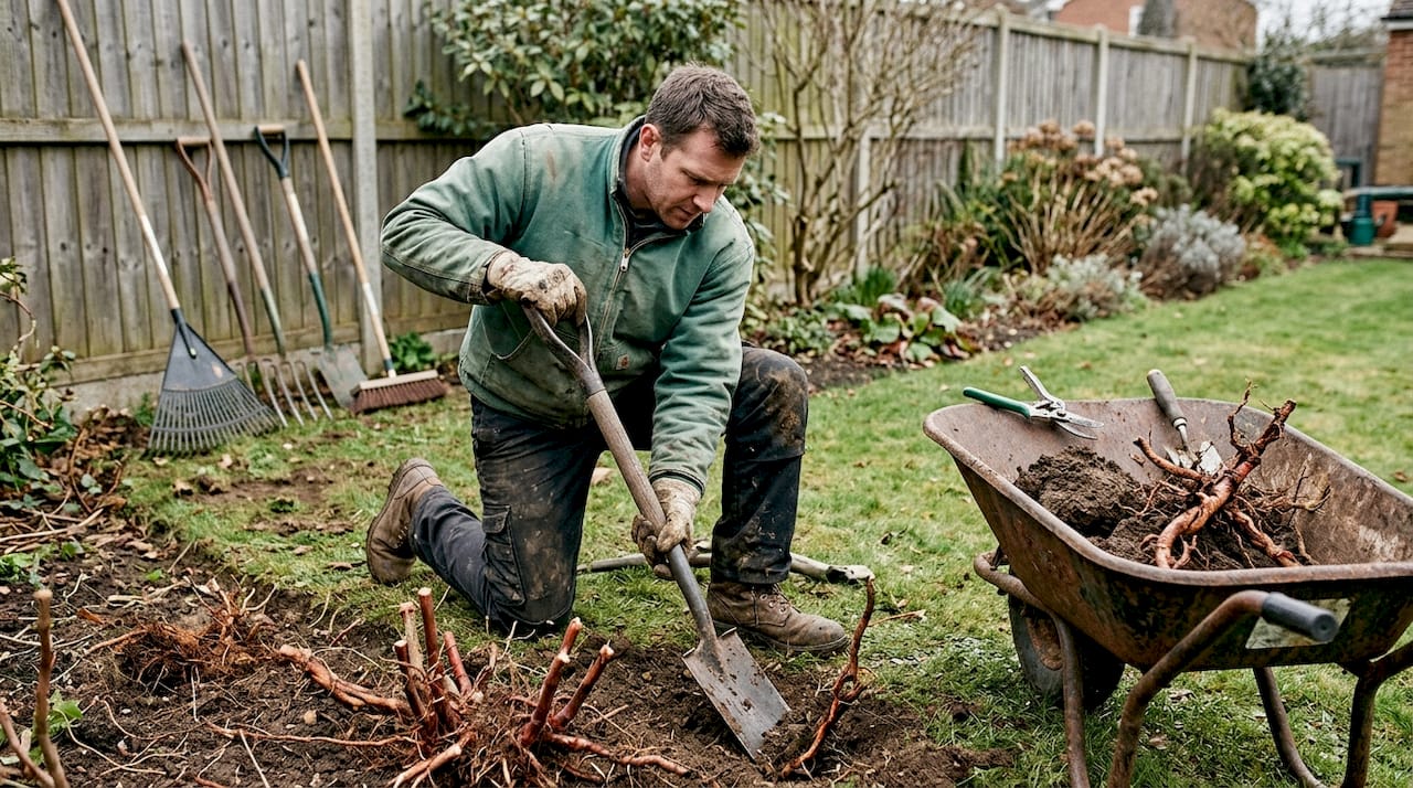 施工人员正在挖除日本结缕草的根部,以彻底清除这种顽固的杂草。