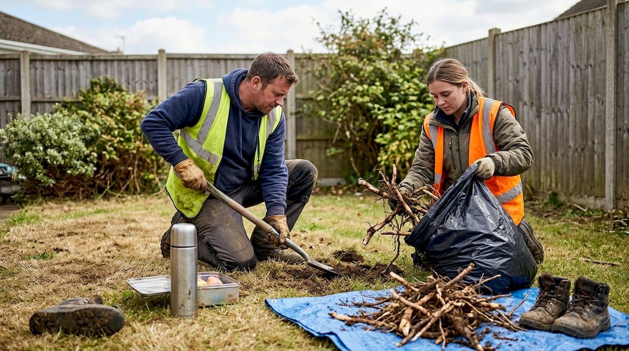 Crew hand-removing knotweed roots in backyard