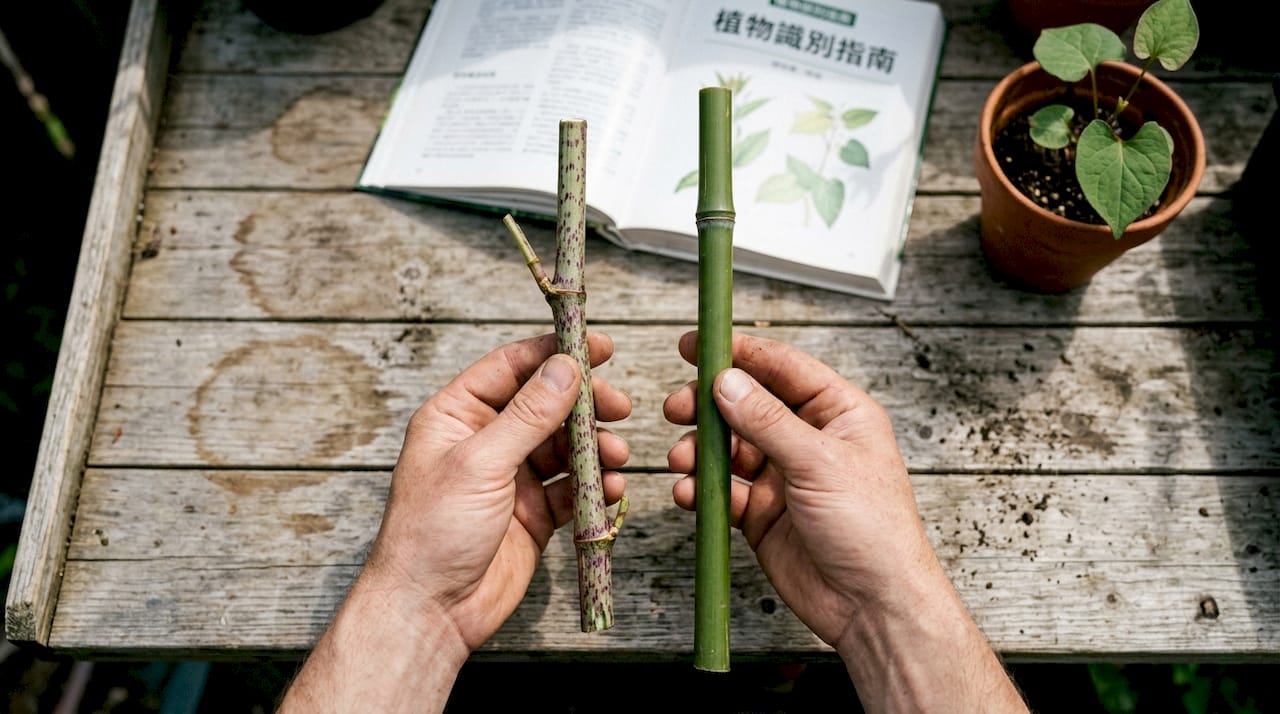 一双手正在对比虎杖和竹子的茎部差异