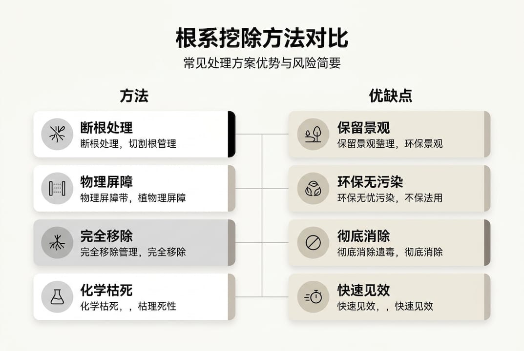 根系挖除常用方法及其优劣对比一览
