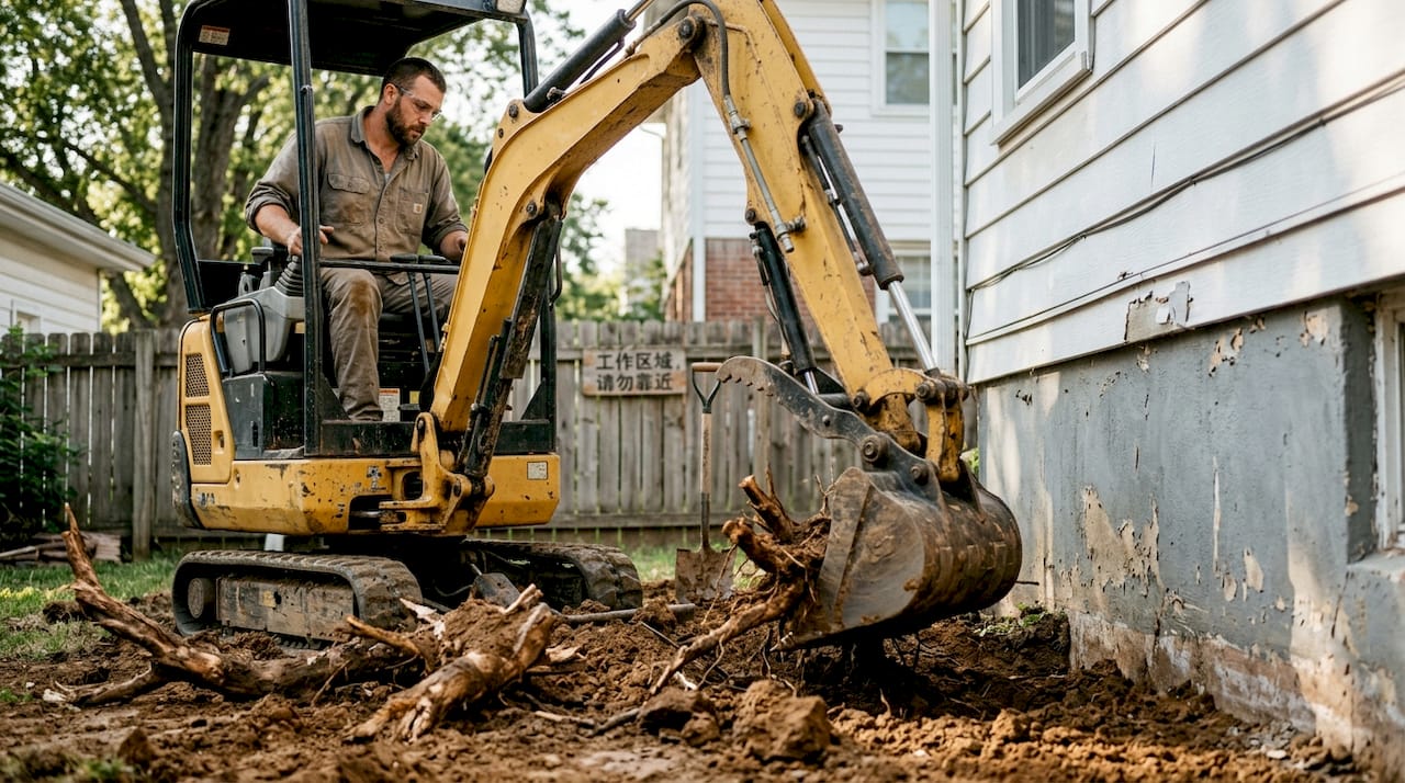 施工人员正在房屋地基附近清理树根,以防止根系对基础造成影响。