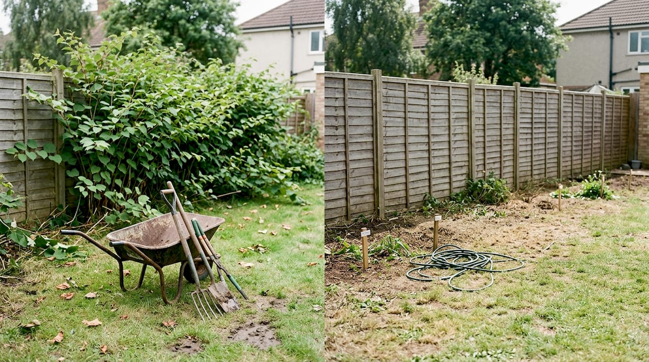 Before and after knotweed treatment garden view