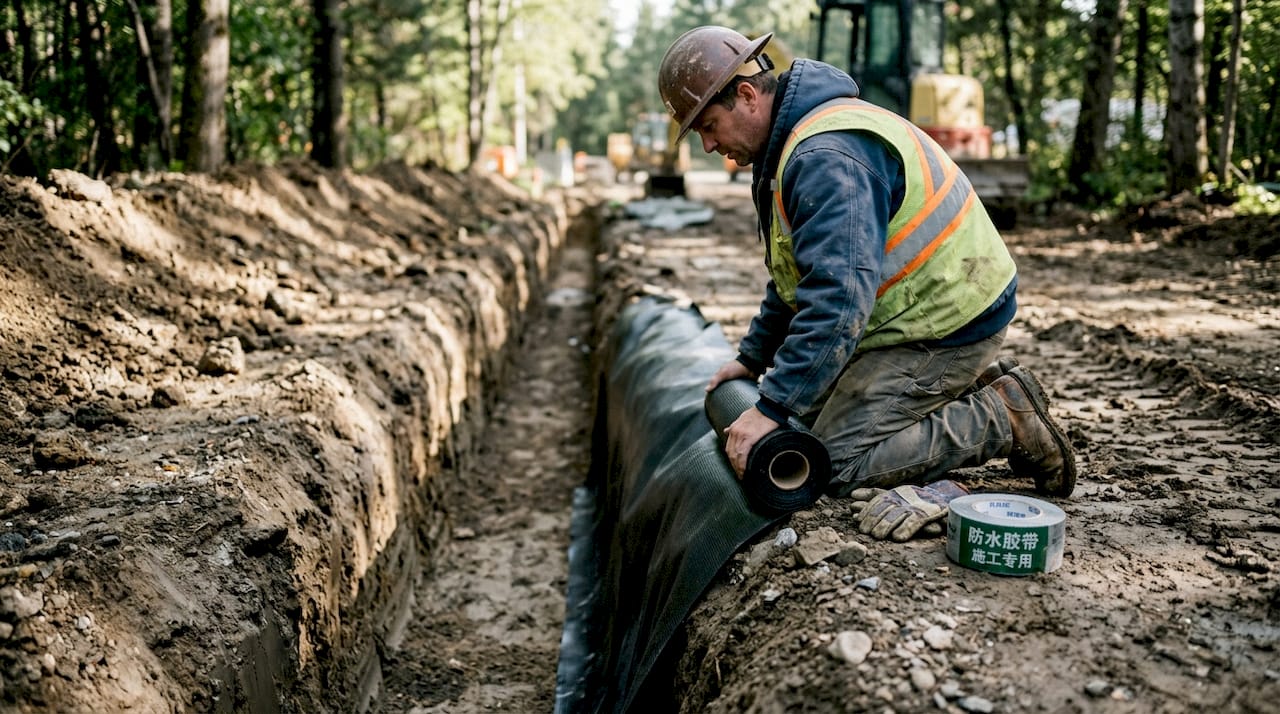 在施工现场，需要合理安排根障材料的放置位置，并规范开挖沟槽，确保施工顺利进行。