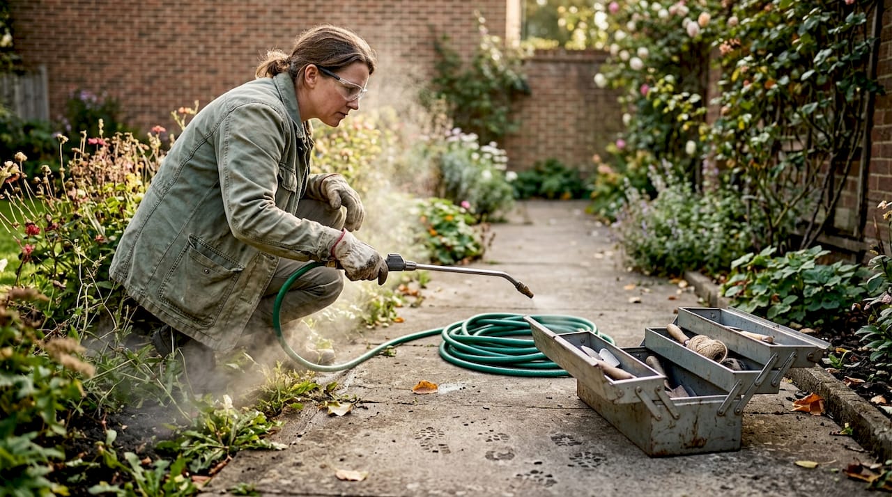 Gardener applying chemical-free weed treatment
