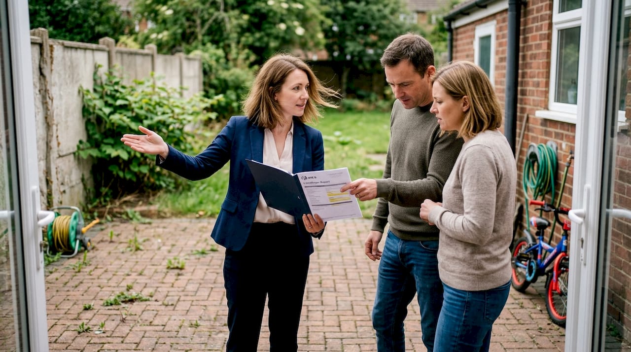 Agent and owners review knotweed survey at property
