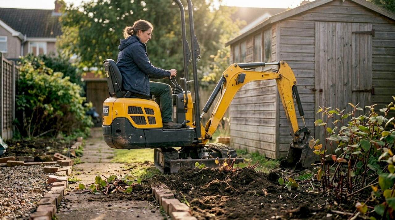 Excavator digging knotweed in backyard