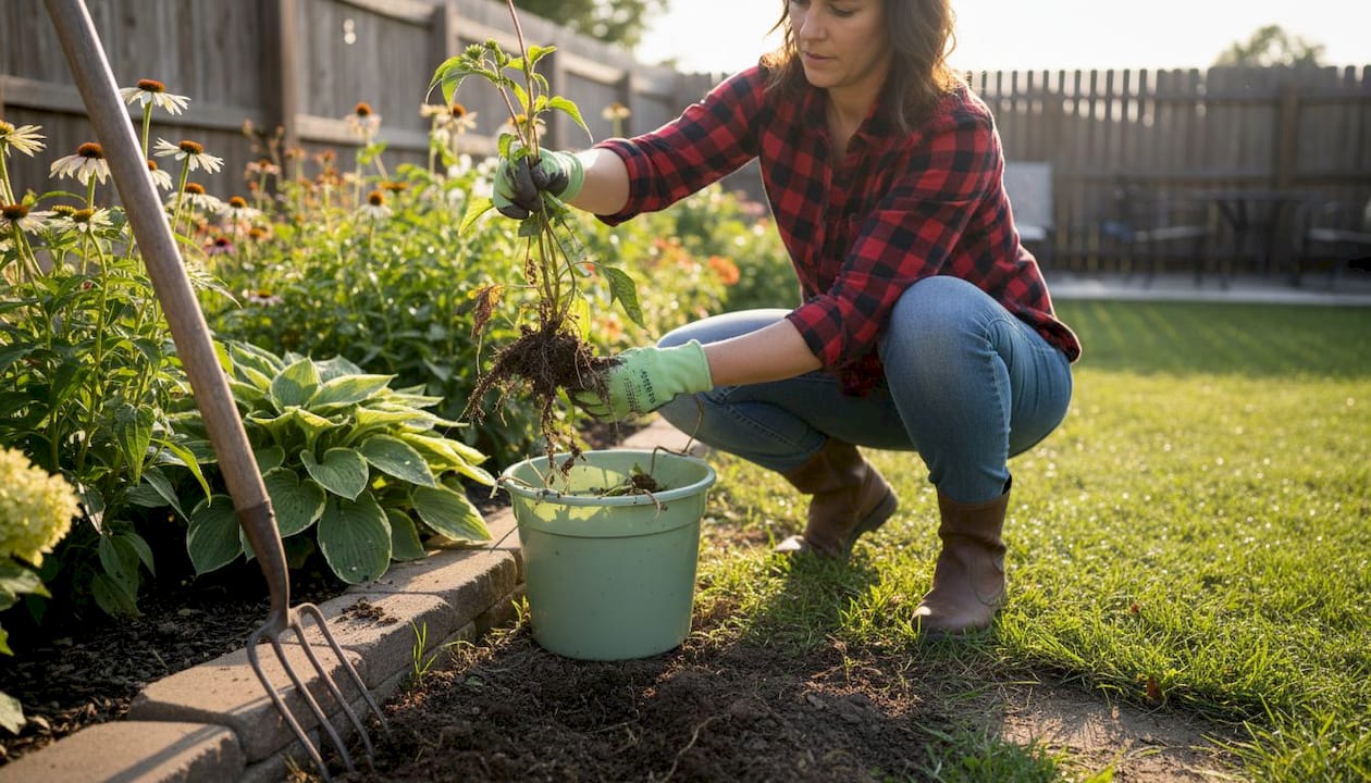 一位女士正在用力拔起一株根系很深的杂草，连带着长长的根须一同拽了出来。