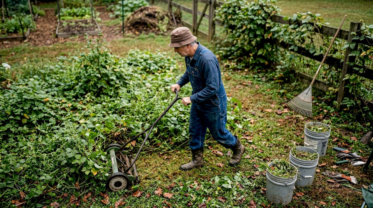 园艺师正在花园里用手清理掉缠绕的葛藤。