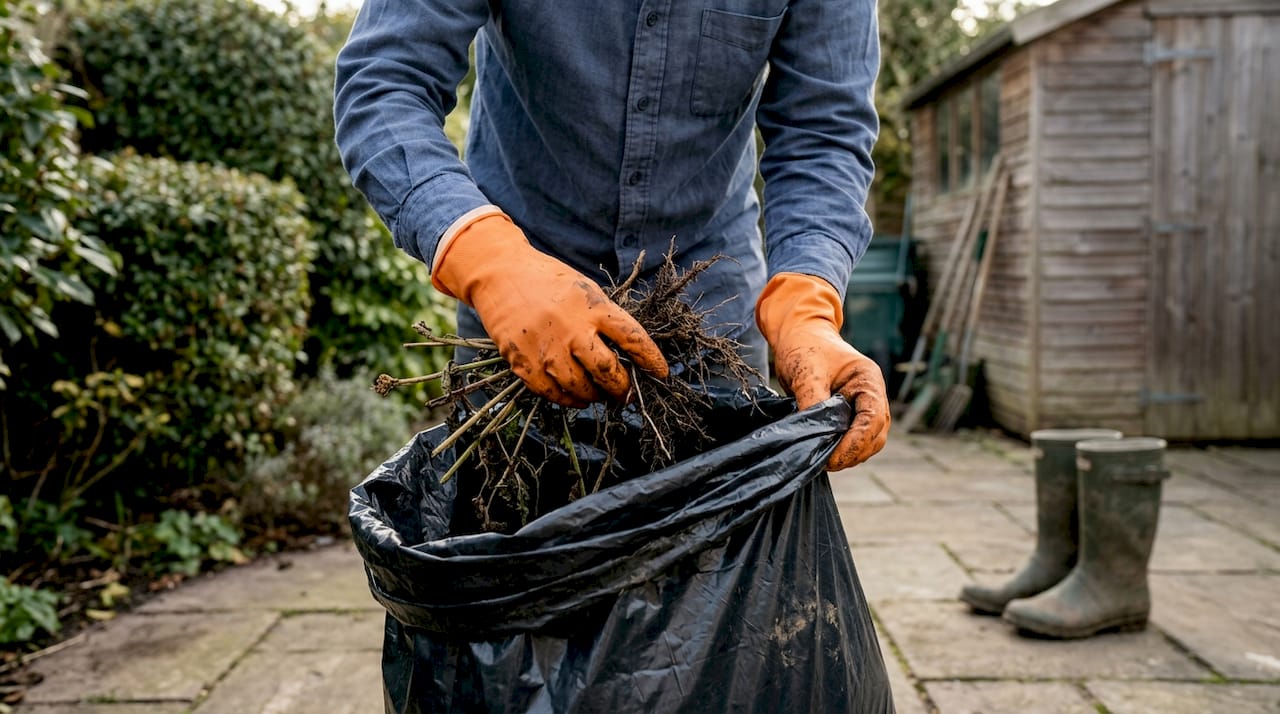 工作人员戴着手套,将外来植物的根部集中装袋处理。