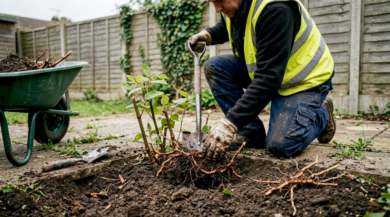 Worker exposes knotweed rhizome for removal