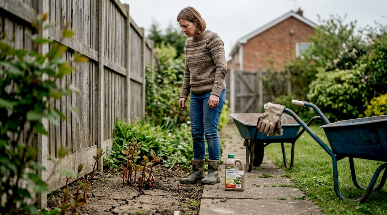 Homeowner inspecting reemerging knotweed shoots