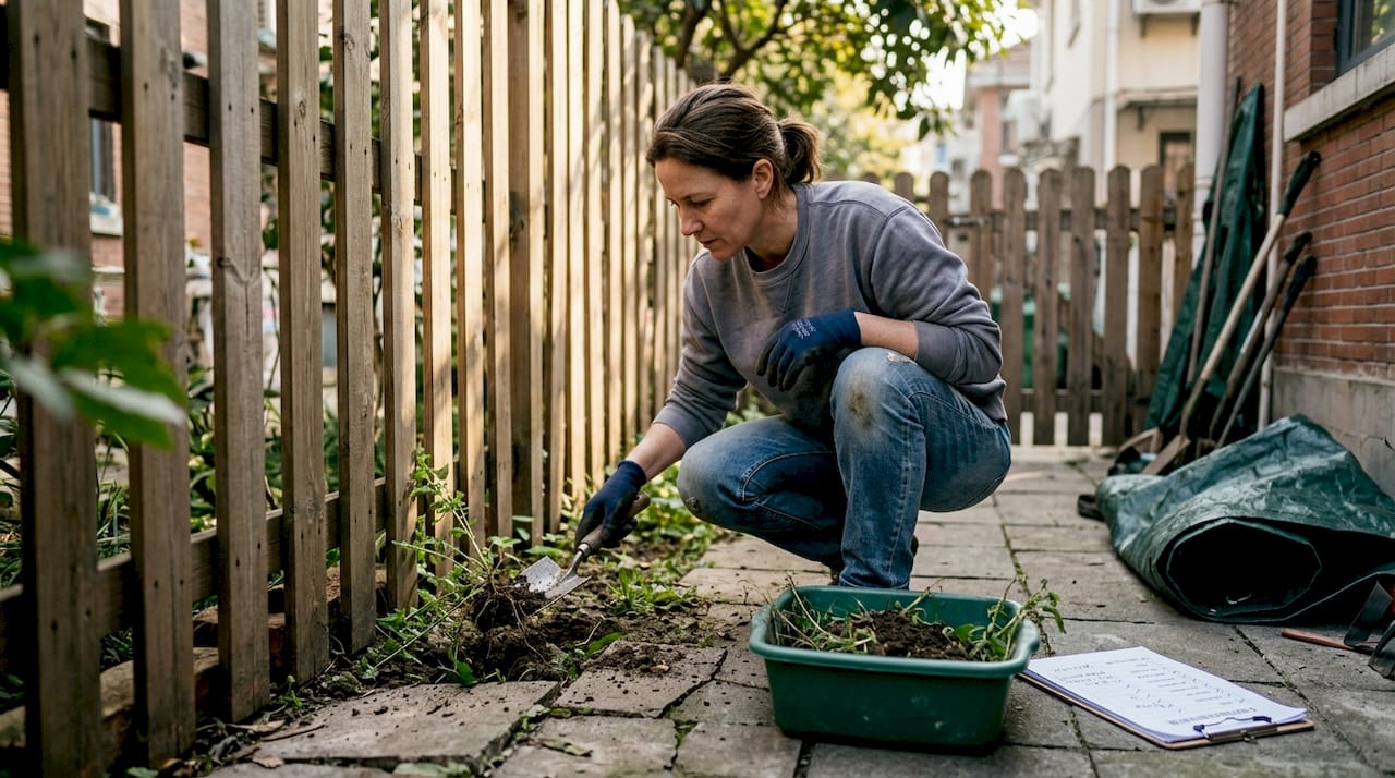 专业人员正在后院仔细检查杂草的根部，分析土壤情况。