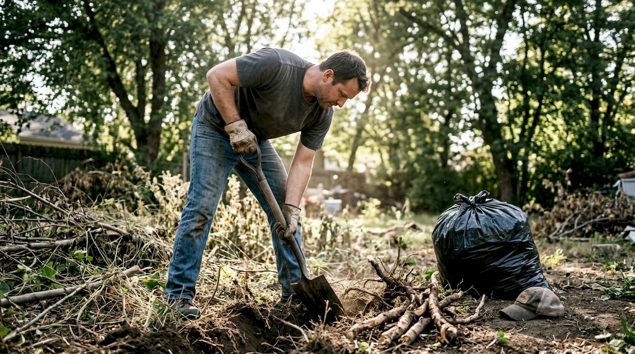一名男子手持铁锹，将日本虎杖的根茎挖了出来。