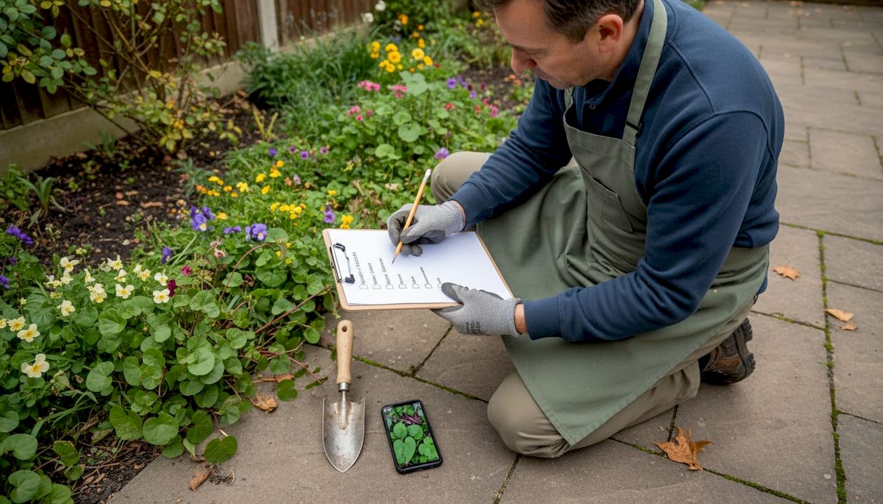 Homeowner checking knotweed monitoring checklist in garden