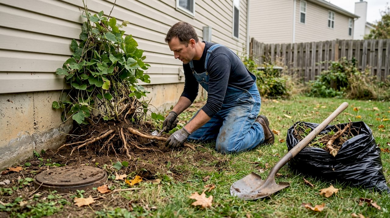 园艺师正在检查日本葛藤是否对房屋造成潜在影响