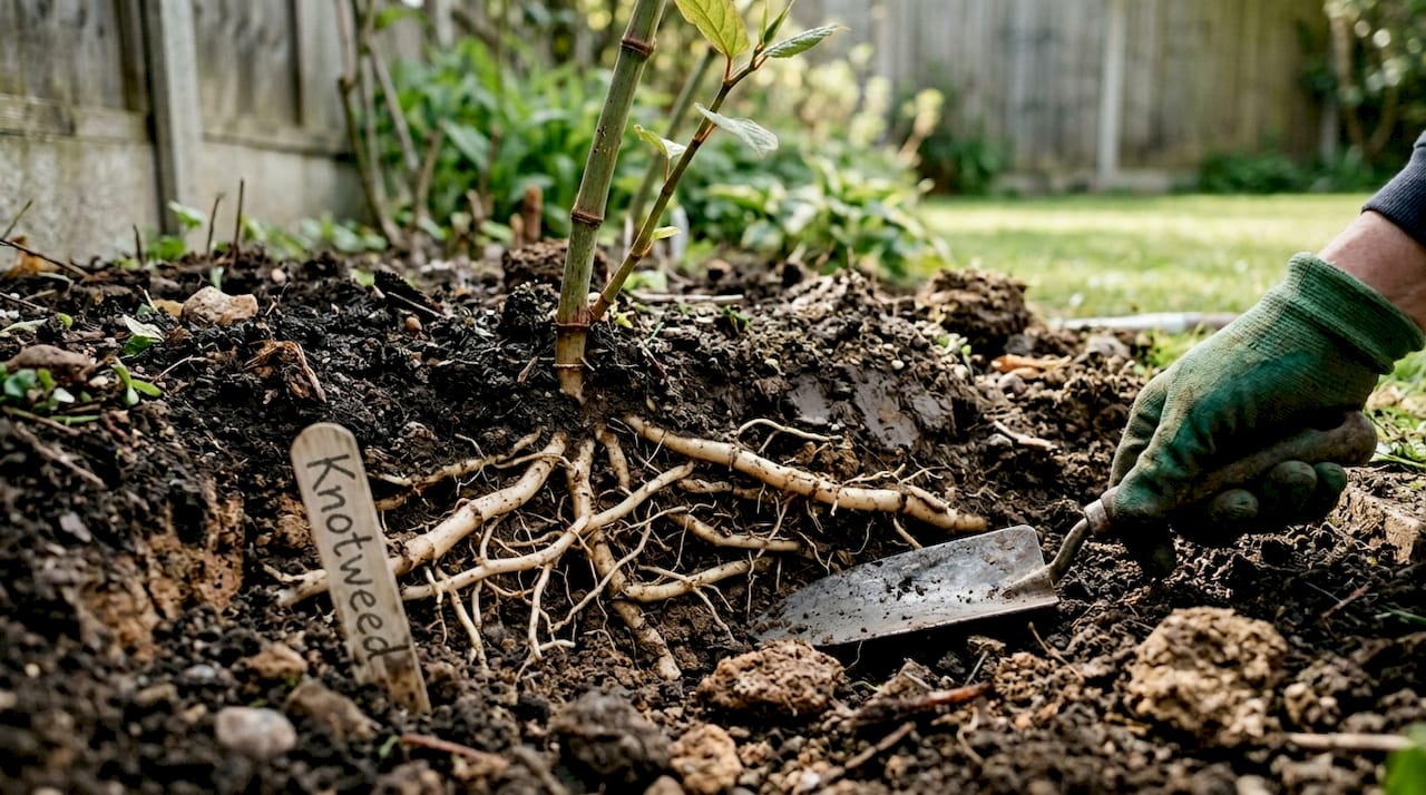 Exposed Japanese knotweed rhizome under garden soil